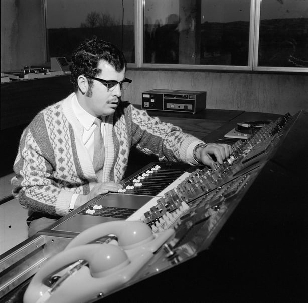 Broadcaster Pádraig Ó Concheanainn at a control desk in an RTÉ Raidió na Gaeltachta studio in Casla, Connemara, County Galway, in February 1972. 