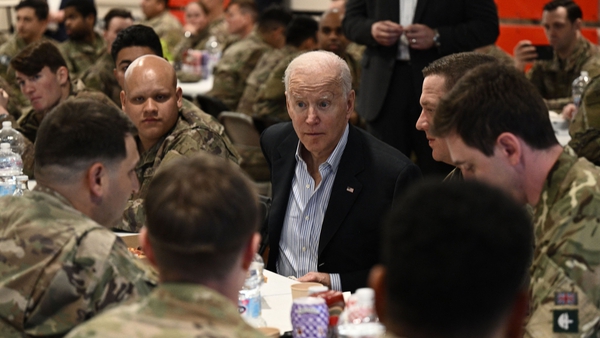 Joe Biden meeting soldiers from the US Army's 82nd Airborne Division in Rzesnow today
