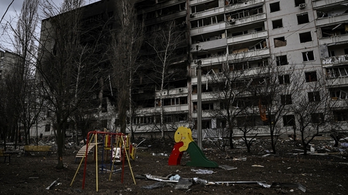 A damaged apartment building is pictured in Kharkiv, following Russian shelling