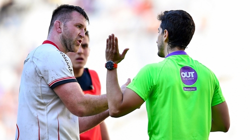 Ulster captain Alan O'Connor tries to get his point across to referee Gianluca Gnecchi