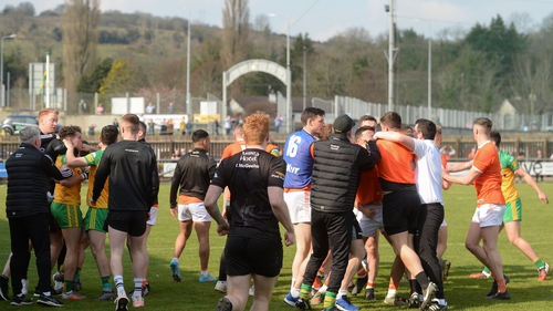 Donegal and Armagh players scuffle at the end of Sunday's Division 1 game
