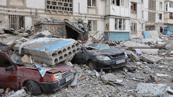 Destroyed buildings and vehicles after shelling in the Ukrainian city of Mariupol