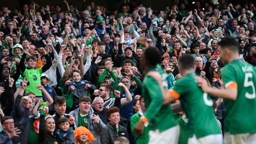 Ireland supporters celebrate Chiedozie Ogbene's goal against Belgium