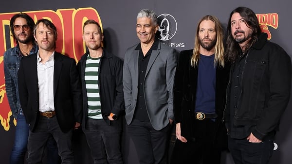 Rami Jaffee, Chris Shiflett, Nate Mendel, Pat Smear, Taylor Hawkins, and Dave Grohl of Foo Fighters attend the Los Angeles premiere of Studio 666 on 16 February 2022