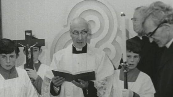 Fr Padraig Ó Coincheannáin and Rev. Canon Cosslett Ó Cuinn blessing Raidió na Gaeltachta studios, 2 April 1972.