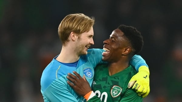 Liverpool and Ireland's Kelleher congratulating fellow Corkonian Ogbene after Saturday's draw against Belgium