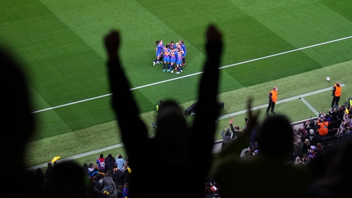 Barcelona fans celebrate after Aitana Bonmati scored their second goal