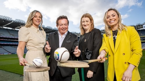 Marie Crowe and Marty Morrissey of RTE Sport, Hilda Breslin, Uachtarán of the Camogie Association and Anna Geary, RTE GAA analyst, at the launch in Croke Park