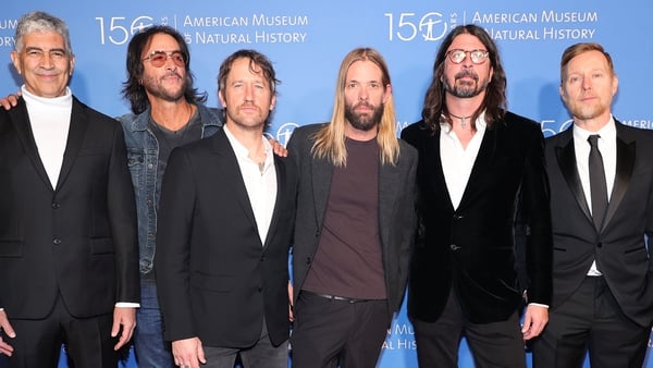 Pat Smear, Rami Jaffee, Chris Shiflett, Taylor Hawkins, Dave Grohl and Nate Mendel of the Foo Fighters, pictured together in November 2021