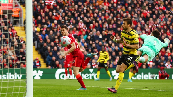 Diogo Jota heads home Liverpool's first goal against Watford