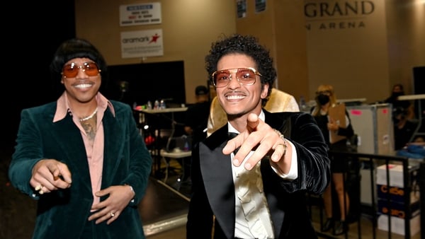 (L-R) Anderson .Paak and Bruno Mars of Silk Sonic attend the 64th Annual GRAMMY Awards at MGM Grand Garden Arena in Las Vegas, Nevada. (Photo by Denise Truscello/Getty Images for The Recording Academy)