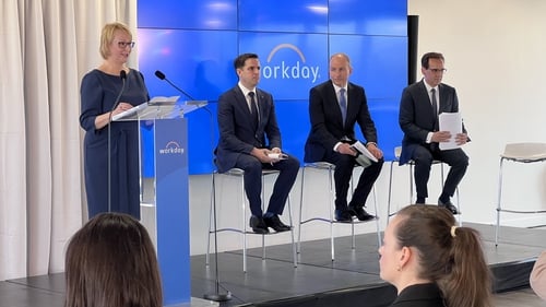 (from left to right) Chris Byrne, senior Vice President Operations at Workday Ireland, IDA chief Martin Shanahan, Taoiseach Micheál Martin and Workday's co-CEO Chano Fernandez at today's jobs announcement