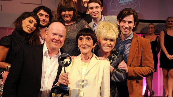 Actress June Brown poses with her award and fellow EastEnders cast members at the 2010 TRIC Awards at the Grovesnor House Hotel March 09, 2010