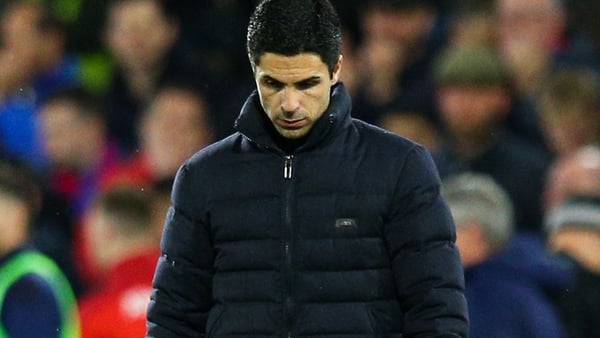 Mikel Arteta walks over to the Arsenal fans after their heavy loss at Selhurst Park