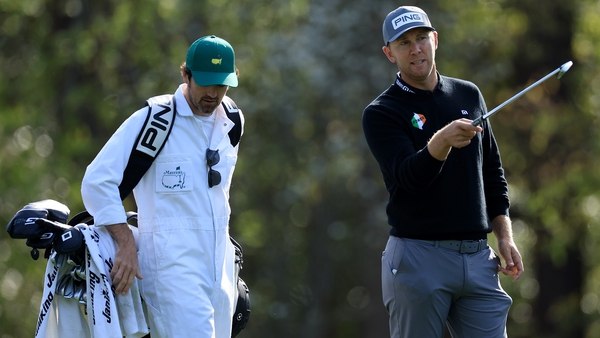 Seamus Power (R) and his caddie Simon Keelan played a practice round at Augusta yesterday