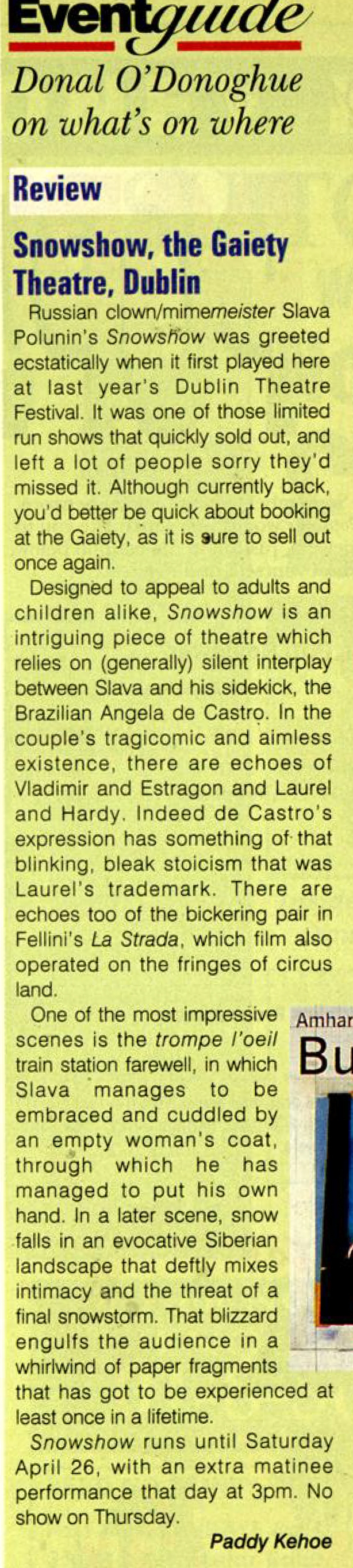 Review of Snowshow by Slava The Clown, RTÉ Guide 25 April 1997
