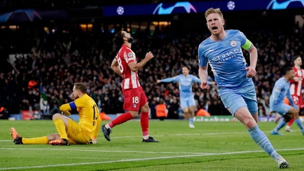 Kevin De Bruyne celebrates as Manchester City take a slender lead into the second leg in Madrid