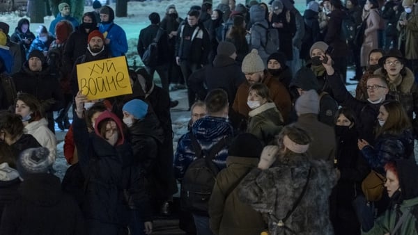 An impromptu protest against Russia's invasion gathered at Pushkinskaya Square in Moscow on 24 February