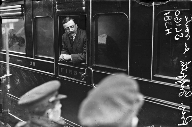Century Ireland 228 - Arthur Griffith addressing reporters from a train after his rally in Sligo Photo: National Library of Ireland
