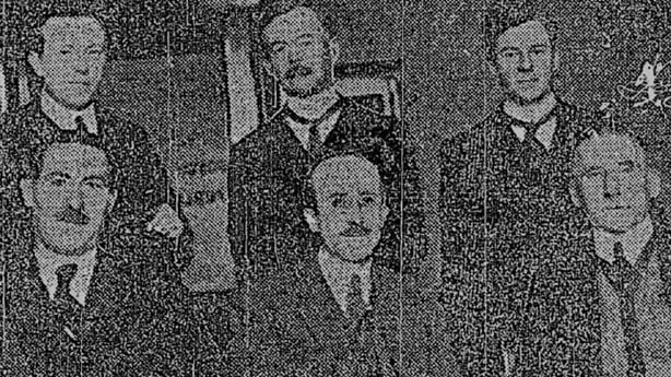 Century Ireland 228 - Members of the Postal Commission, left to right, T.J. Connell, Jas G. Douglas, T.H. Grattan Esmonde, L.J. Duffy, T.A. Murphy and H.J. Friel Photo: Irish Independent, 6 April 1922