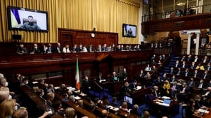 Ukrainian President Volodymyr Zelensky addresses TDs and Senators in the Dáil chamber on 7 April