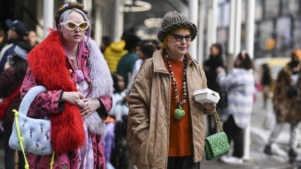 Guests seen wearing Collina Strada outside the Collina Strada show during New York Fashion Week A/W 2022. Photo: Getty