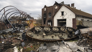 Destroyed Russian military machinery in Demydiv city near Kyiv