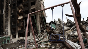 A swing near a residential building destroyed by Russian army shelling in Borodyanka