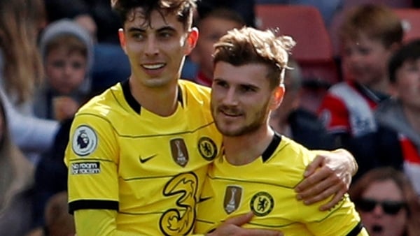 Timo Werner (right) is congratulated by Kai Havertz after scoring Chelsea's fourth goal