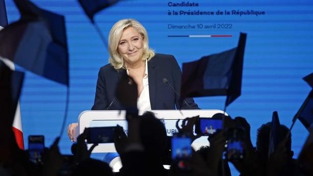 Marine Le Pen addresses supporters after the results in Paris this evening