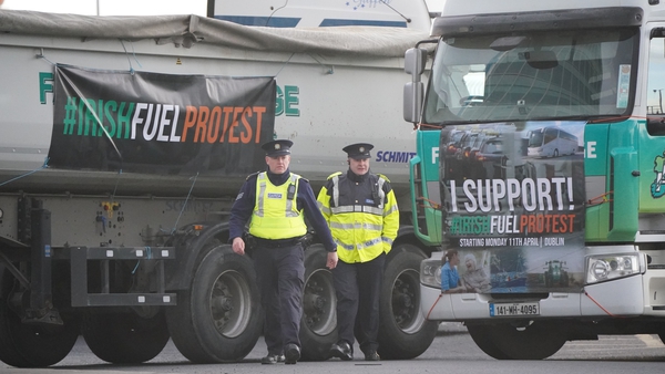 Hauliers and truckers protest near Dublin Port as part of a protest over spiralling fuel costs
