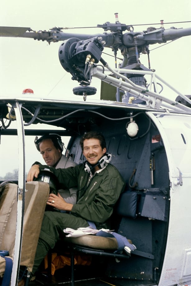 Vincent Hanley (1980) onboard a helicopter provided by the Irish Amry during the RTÉ Radio 2 birthday celebrations in May 1980.