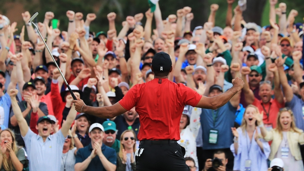 Tiger Woods celebrates his fifth Masters win in 2019, the last of his 15 major titles