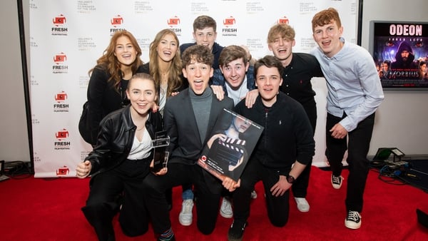 Young Filmmaker of the Year Seán Treacy with the cast and crew of his film The Least I Can Do.