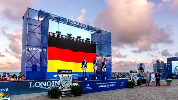 Shane Sweetnam, Germany's Katrin Eckermann and Belgium's Gilles Thomas share the podium in Florida (Photo: LGCT)
