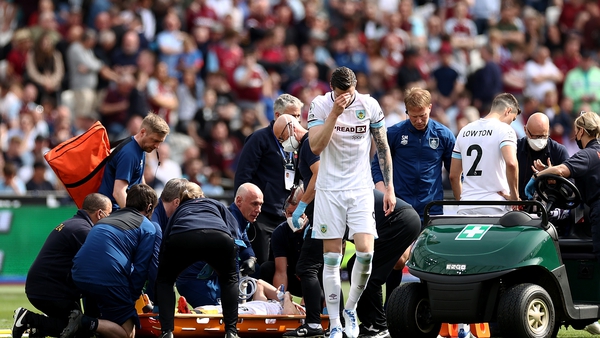 Wout Weghorst of Burnley reacts after Ashley Westwood is taken off on a stretcher