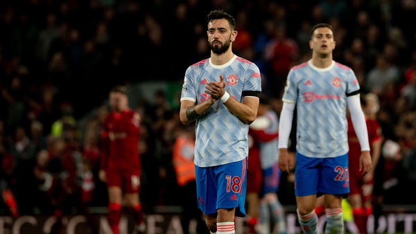 Bruno Fernandes applauds the Manchester United fans his side's thumping at Anfield