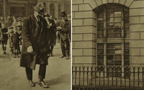 Left: Michael Collins arriving for the Mansion House conference. Right: Books and boxes blocking a window of the Four Courts, recently occupied by anti-treaty forces Photo: Illustrated London News [London, England], 22 April 1922
