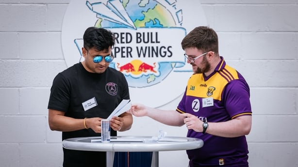 Paper plane pilots Abid Ahmed and Jamie Kinsella prepare for competition at the Irish National Final of Red Bull Paper Wings at Weston Airport