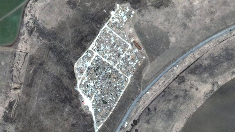 Satellite imagery of another mass grave site outside of Vynohradne, just east of Mariupol. Satellite image (c) 2022 Maxar Technologies