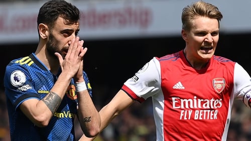 Bruno Fernandes (left) missed a second-half penalty and was caught in possession in the lead-up to Arsenal's third goal