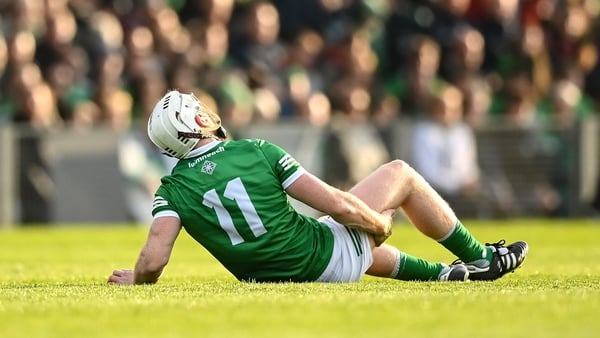 Lynch down injured on the Gaelic Grounds pitch