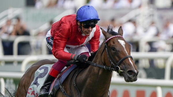 Frankie Dettori riding Inspiral to win the Cazoo May Hill Stakes at Doncaster last September