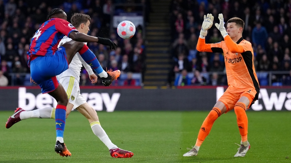 Crystal Palace's Jean-Philippe Mateta attempts to lob Leeds goalkeeper Illan Meslier in a game of few clearcut chances