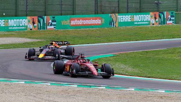 Max Verstappen overtook 2022 championship leader Charles Leclerc (r) to win Saturday's sprint race at Imola