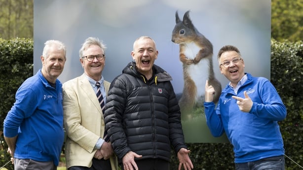 Jimmy Mc Donnell, Newcastle Co. Wicklow was named winner of the RTÉ Eye on Nature wildlife photography competition at the National Botanic Gardens – OPW for his image Red squirrel (Iora rua, Sciurus vulgaris). Pictured (left to right) guest judge photographer Mike Brown, Dr Matthew Jebb, Director, National Botanic Gardens, winner Jimmy Mc Donnell and Mooney Goes Wild presenter Derek Mooney. Picture Andres Poveda