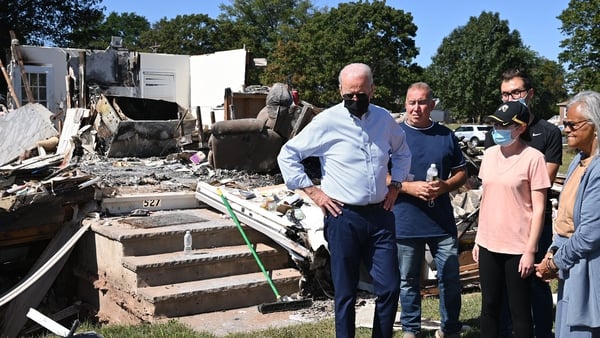 US President Joe Biden seen visiting a neighbourhood affected by Hurricane Ida in Manville, New Jersey