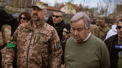 UN Secretary-General Antonio Guterres visiting the Borodyanka region of Ukraine