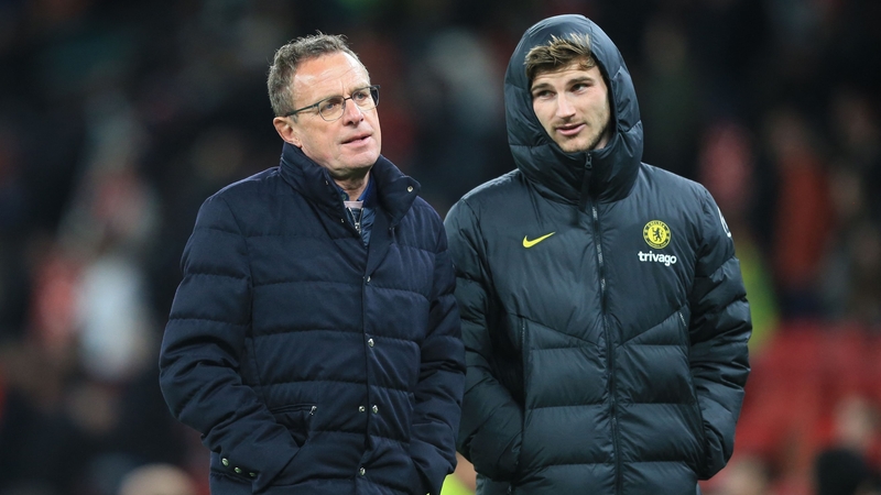 Ralf Rangnick departs the pitch alongside Timo Werner