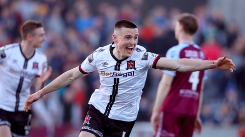 Darragh Leahy celebrates opening the scoring at Oriel Park